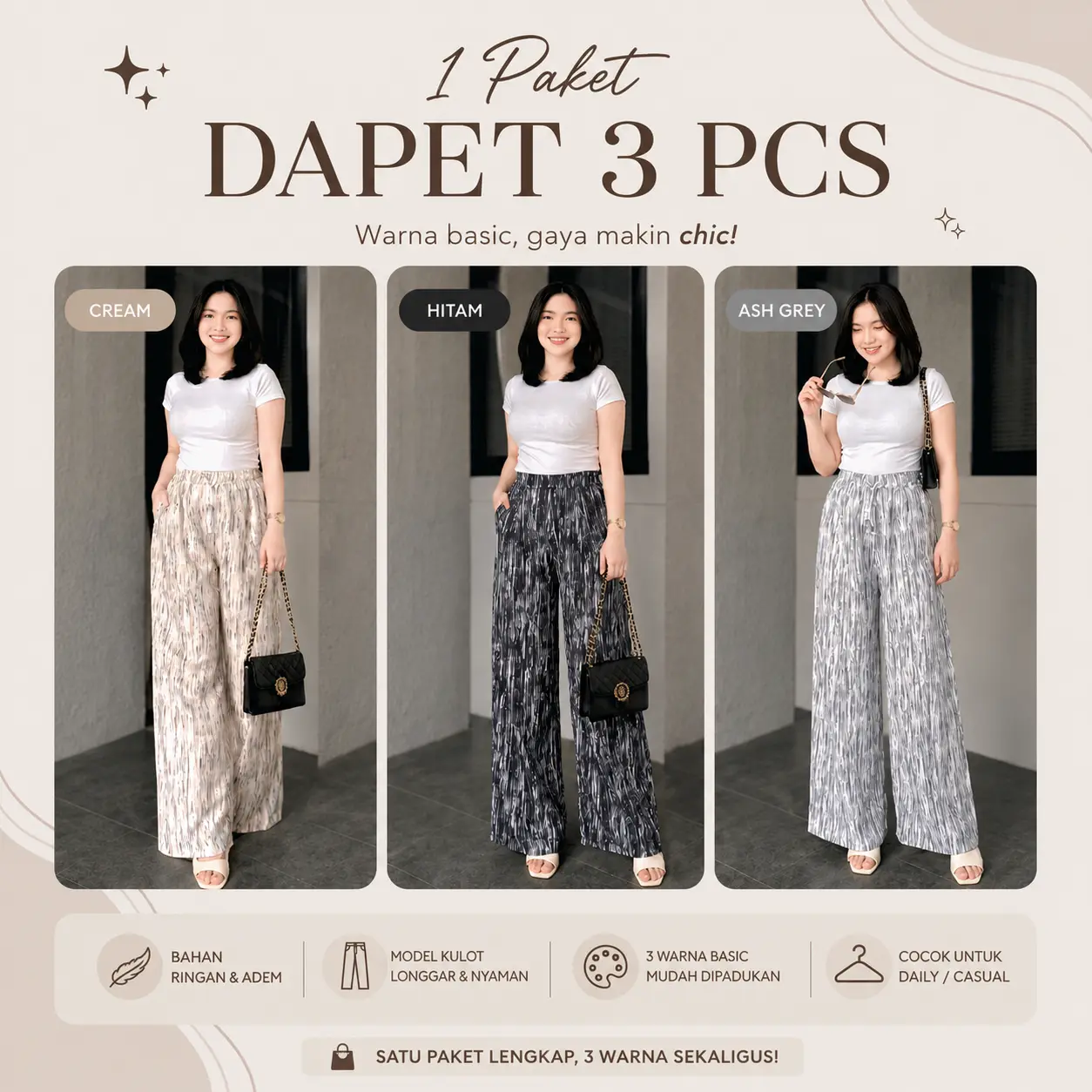 Combo 3 chiếc quần Galaxy họa tiết trừu tượng – quần dài nữ dáng baggy ống rộng đẹp, mặc đi làm, đi học đại học
