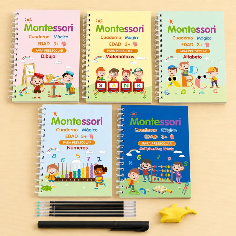 Set aus 5 wiederverwendbaren Schreibübungsheften mit Rillen für Kinder, inklusive 1 Stift, 10 Ersatzminen und 1 Druckbleistift in zufälliger Farbe