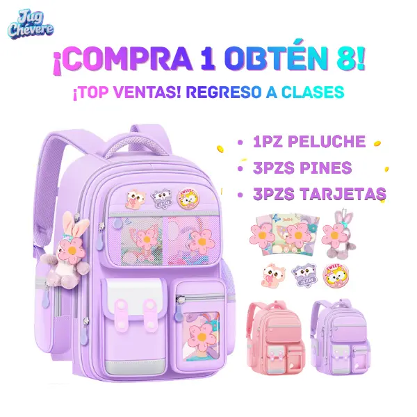 JugChévere großer Kawaii-Schulrucksack für Grundschülerinnen, 8A-Rückenschutz, breite Träger, Reflektorband, wasserdicht, 30 × 20 × 42 cm, Rosa oder Lila, inklusive Plüschtier, 3 Pins und 3 Karten