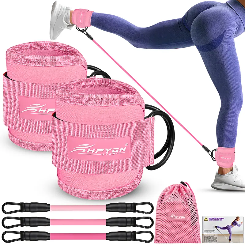 Kit HPYGN de bandes de résistance en latex 100 % naturel pour fessiers et jambes | Sangles de cheville réglables | 3 niveaux de résistance | Sac de transport | Rose | Livraison gratuite