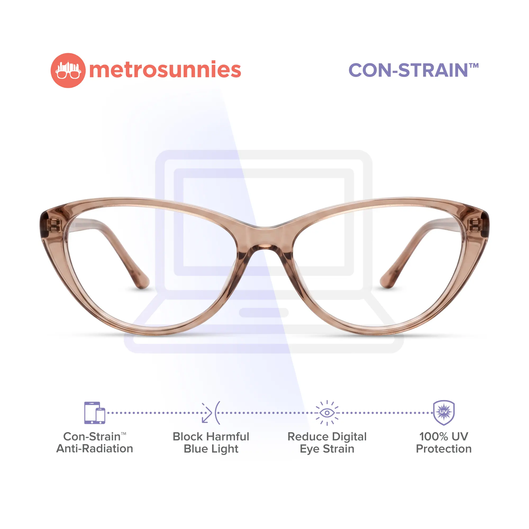 Gafas MetroSunnies Gabrielle con lentes intercambiables: filtro de luz azul Con-Strain, antirradiación, antifatiga, antiestrés y protección para pantallas; lentes fotocromáticas para hombre y mujer