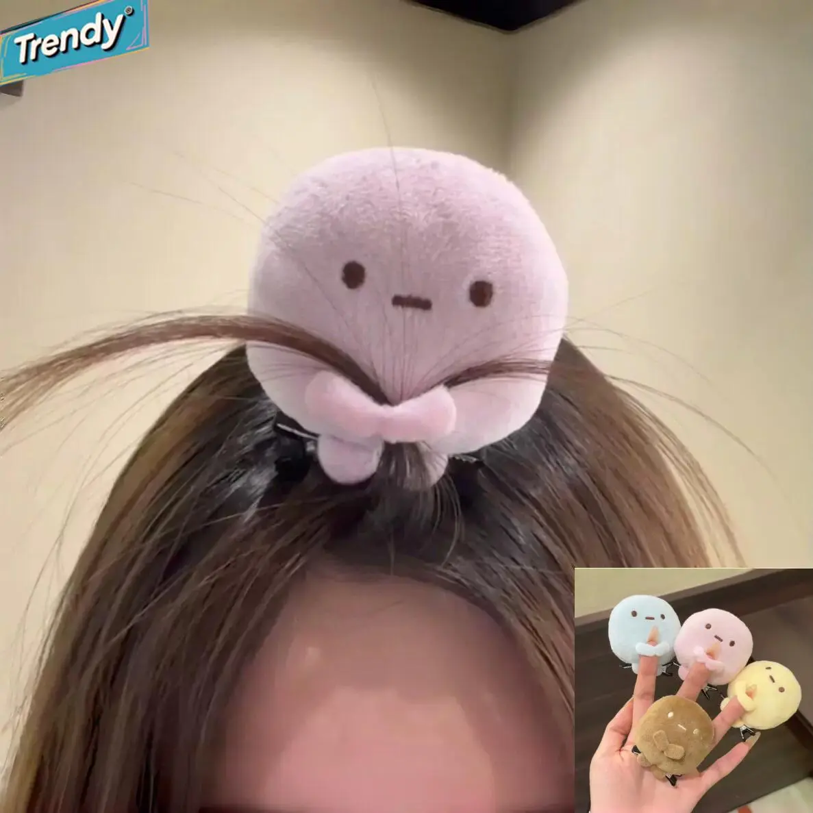 Trendy Corner Creature flauschige Haarspange mit süßem Cartoonmotiv, kleine runde Knödelform, in 4 Farben, für Frauen und zum Feststecken des Ponys
