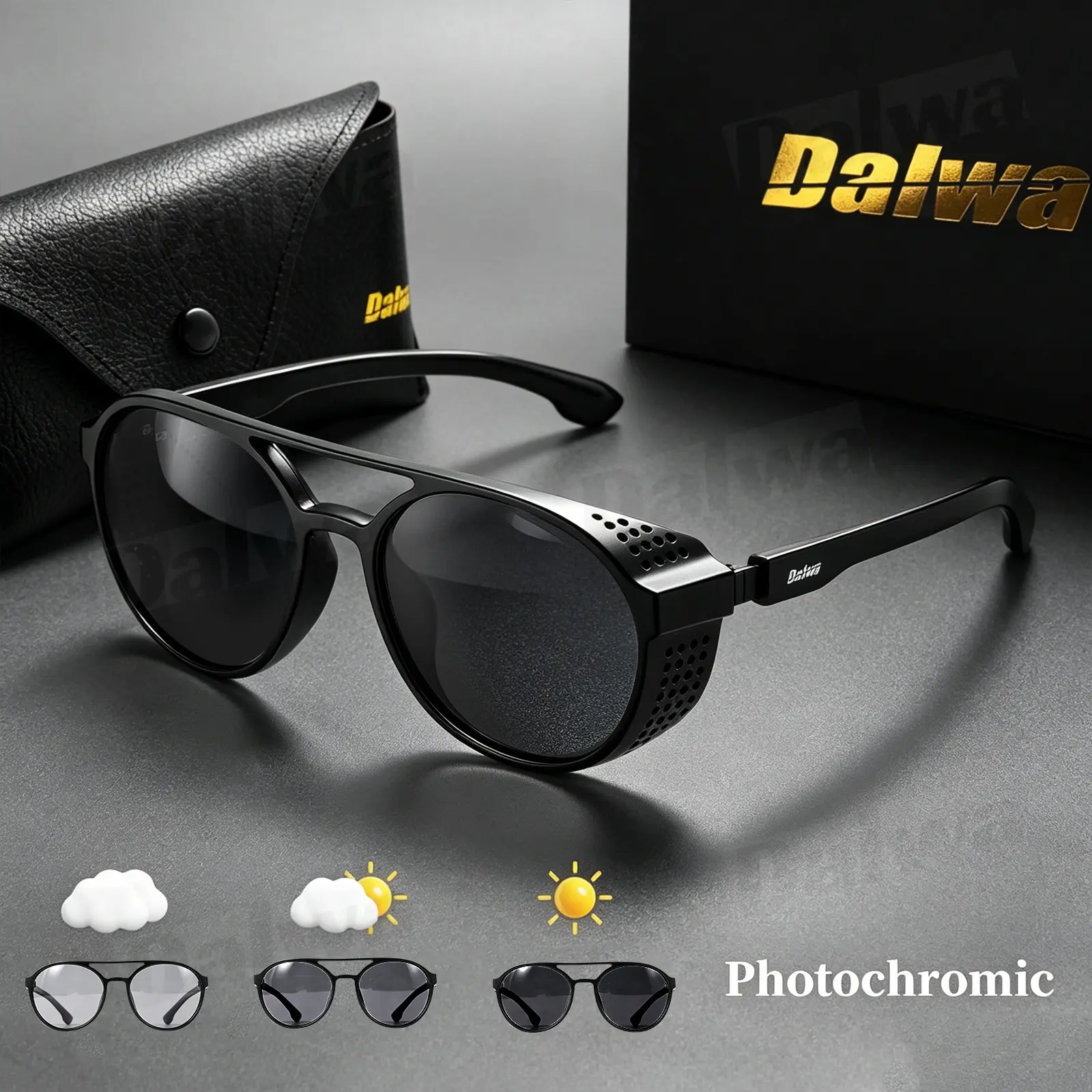 Lunettes aviateur photochromiques Dalwa avec protections latérales pour homme et femme, UV400, anti-poussière et coupe-vent, ultra-légères pour conduite, moto et vélo, avec étui rigide premium et chiffon