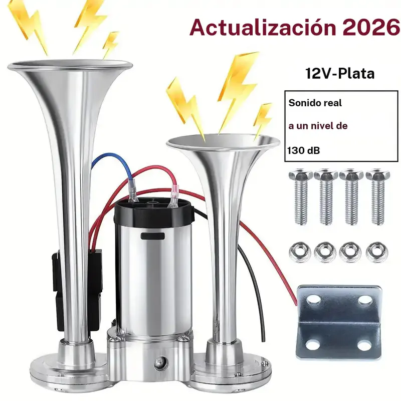 2026年改良型 12 V・130 dB デュアルエアホーン コンプレッサー付き電動ホーンキット 車・トラック・ピックアップトラック・列車・ダンプカー・SUV対応（12 V、シルバー／ブラック）、家庭用防犯アラーム
