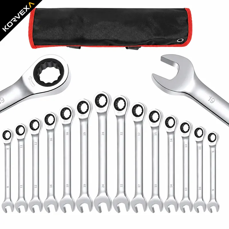 [KORVEXA] Set Kunci Pas Ring 2-in-1 dengan Ratchet, 14 Pcs Ukuran 8–24 mm, untuk Mekanik, Bengkel, dan Perawatan Mobil