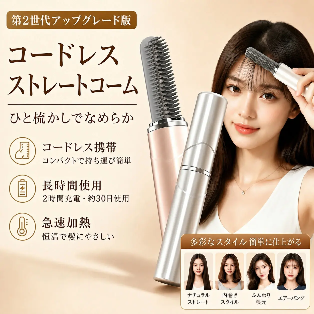 \5倍ポイント/第 2 世代アップグレード版 コードレスミニストレートコーム  160 ℃   180 ℃   前髪アイロン  ブラシタイプ くし形 ヒートコーム コテ カールアイロン CHAOミニ 充電式 ワイヤレス 小さい 持続するち運び 旅行する 学校  お出かけるけ 通勤 通学する オフィス 人気のある かわいい  大学 コードレス ヒート ブラシ