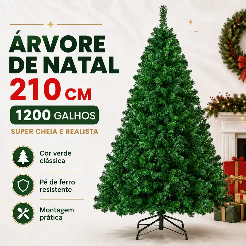 Árvore de Natal 2,10 Metros 1200 Galhos Pinheiro Verde Cheia Luxo Gorda Decoração 1,80 Metros 800 Galhos 180cm 210cm