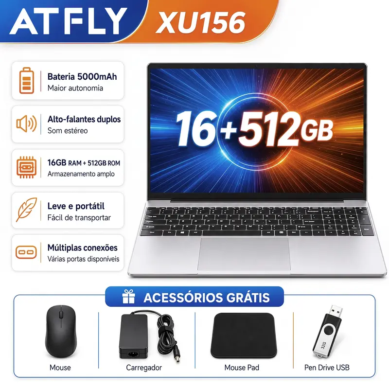 ATFLY 15.6-Inch Laptop with IPS FHD Display, 16 GB RAM, 512 GB SSD, Windows 10 Pro, 5000 mAh Battery, Fingerprint Reader and Included Gifts