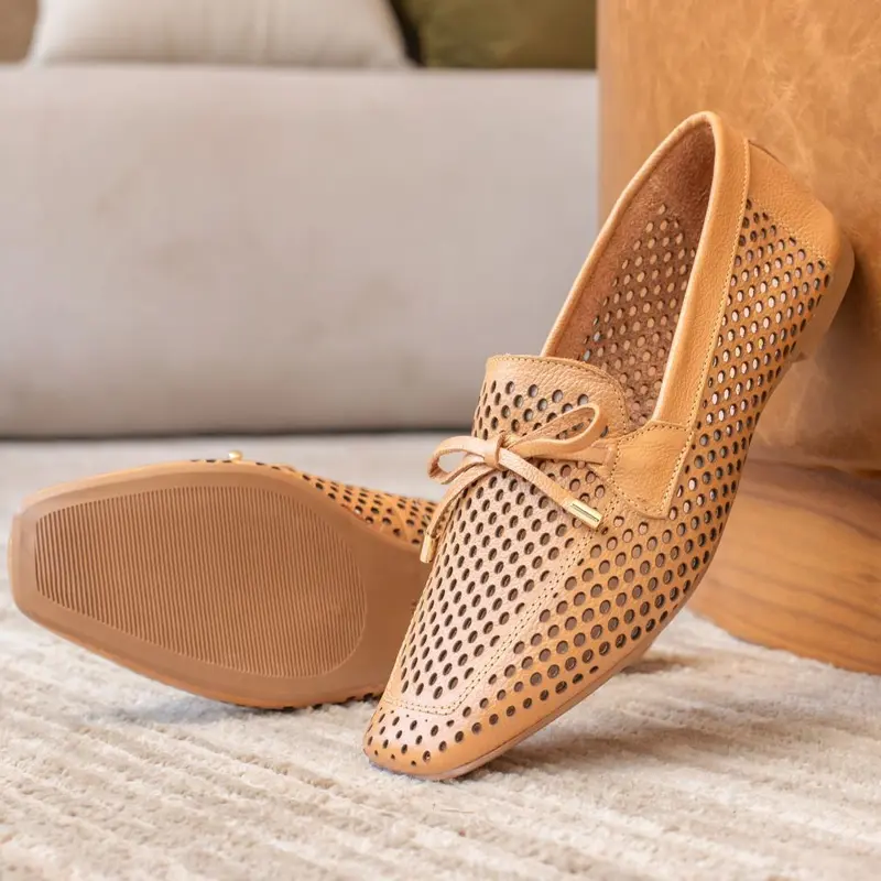 Mocassim Loafer Couro Sb Shoes Laura 여성 로퍼, 편안한 레이저 컷 사각코, 통기성·경량