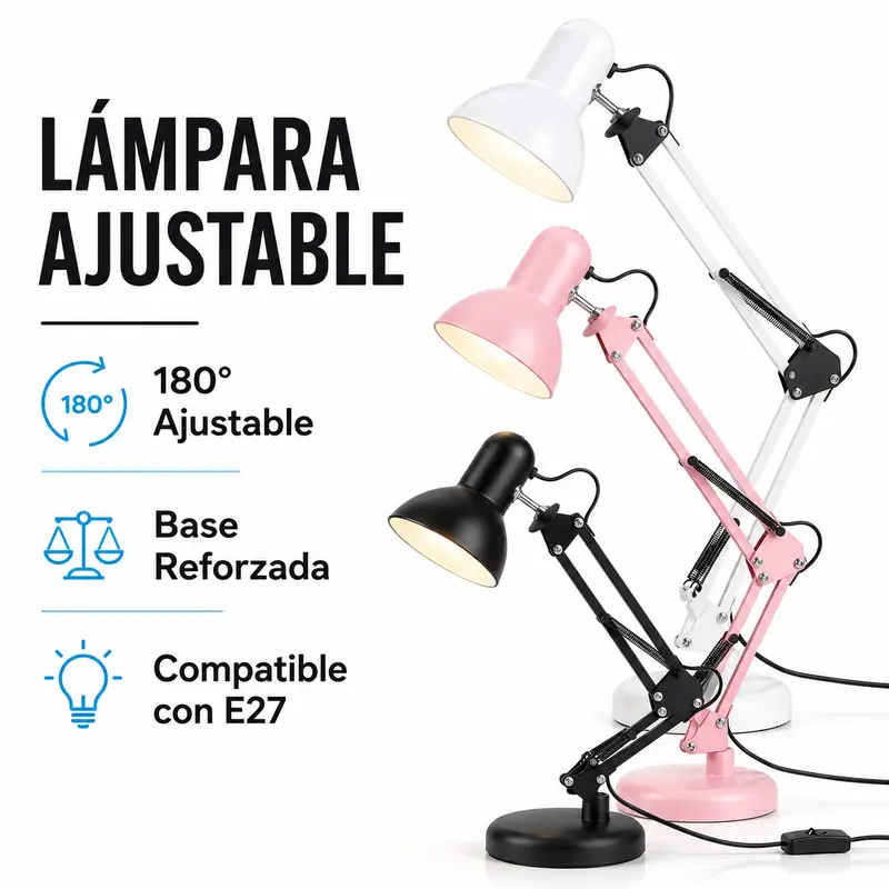 Adjustable E27 Metal Desk Lamp with Heavy Base, 180° Arm and Rotating Shade, Bulb Not Included