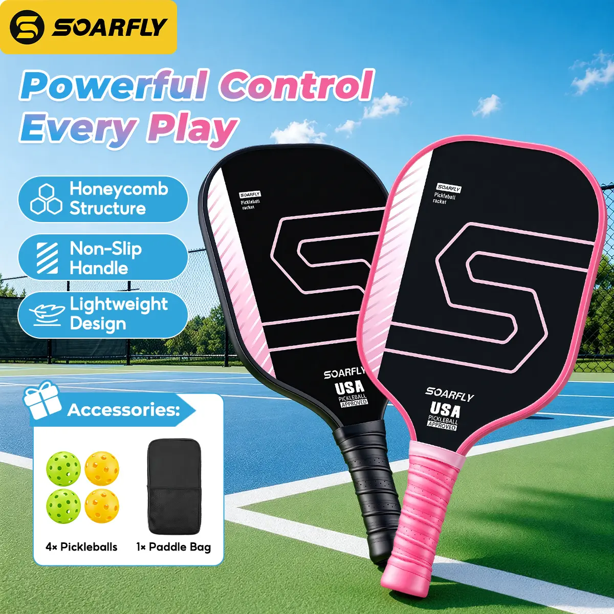 Set de pickleball SOARFLY de fibra de carbono: 2 palas + 4 pelotas + bolsa de almacenamiento, nivel profesional, para deportes de raqueta al aire libre【COD】