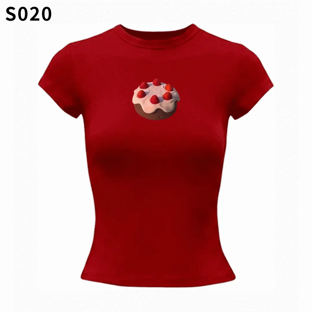 Aesthetic Strawberry Cake Slim-Fit Baby Tee, Girly Korean-Style Y2K Dessert T-Shirt, Flash Sale 3.9