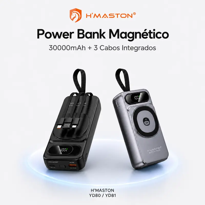 【Bonus】Power Bank Magnetik H'MASTON YD80/YD81 30000/20000mAh, 22.5W PD20W, Nirkabel 15W, Kabel USB Lightning Type-C Terintegrasi