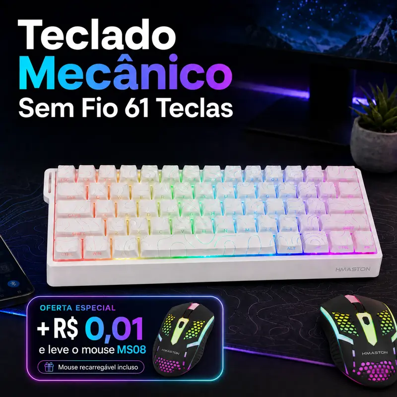 H'MASTON Teclado Mecânico Gamer TK12 RGB Hot Swap com Switch Customizado 61 Teclas