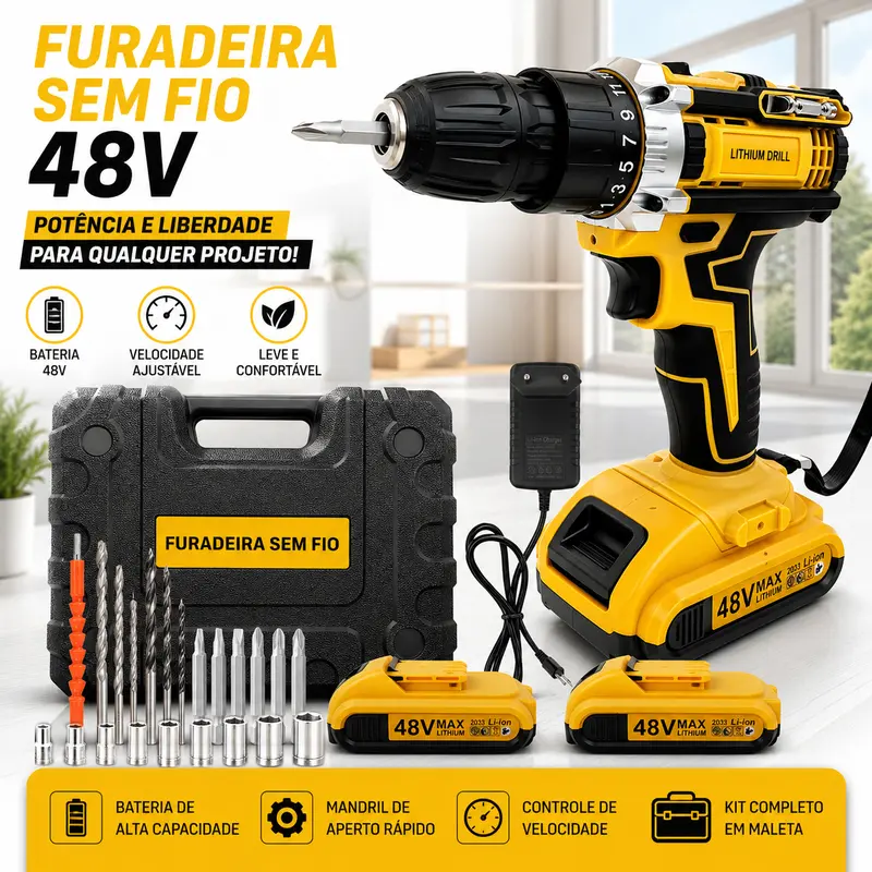 48V Cordless Drill and Screwdriver Complete Kit with Dual Functions, 1 or 2 Batteries and Tool Case