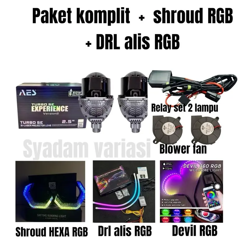AES BILED Experience V2 풀 패키지, 오토바이·자동차용 슈라우드 RGB DRL 아이브로 RGB, 릴레이·램프 2개·블로워 팬 세트
