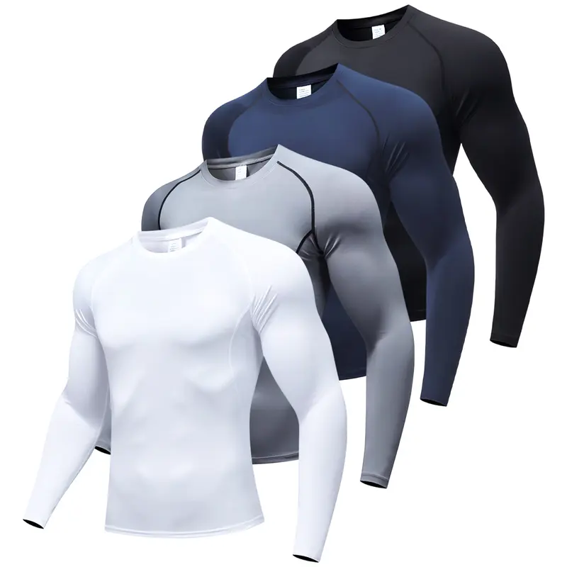 4 camisetas deportivas de manga larga compresión para hombre, ajustadas y transpirables para correr y entrenar