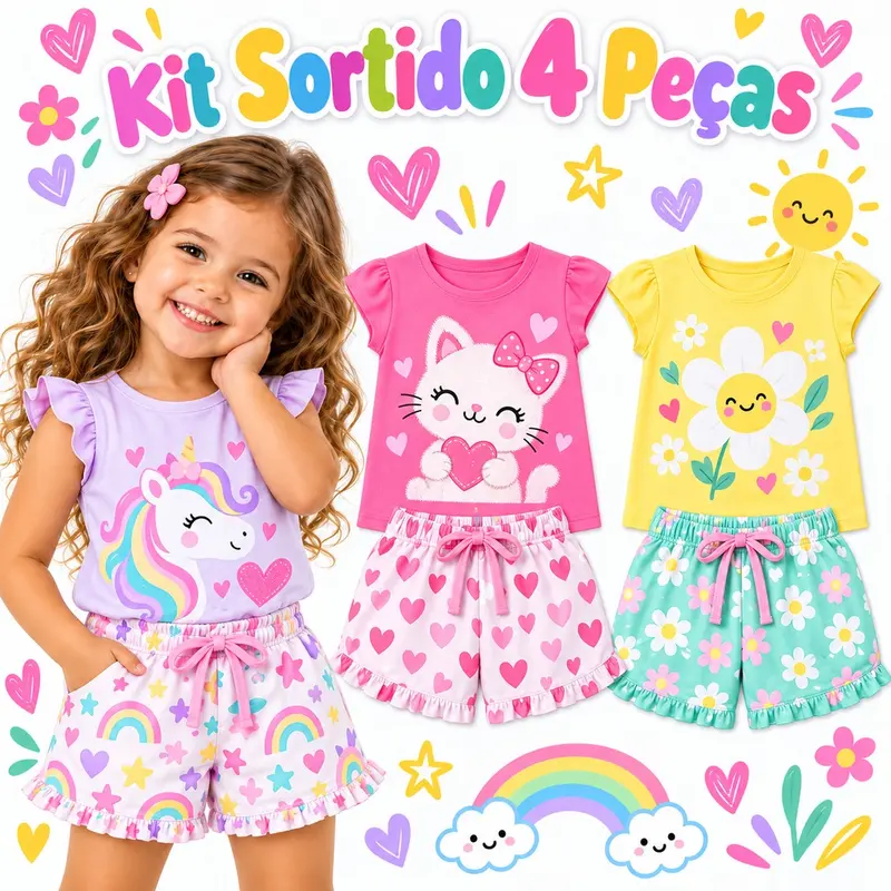 Kit 4 Peças de Roupa Infantil Menina Verão 2 Conjuntos de Verão Menina Leve e Frescos para o dia a dia Sortidos