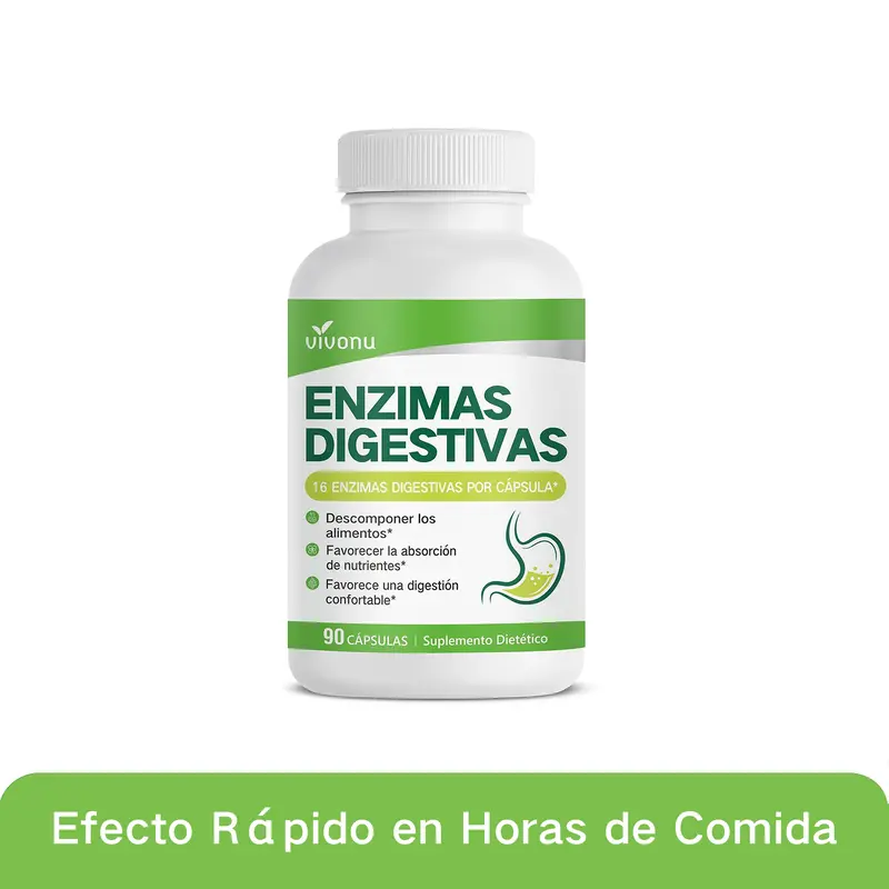 VivoNu enzimas digestivas para comodidad digestiva y equilibrio intestinal. Alivia la pesadez post comida, cuenta con probióticos, prebióticos y enzimas digestivas