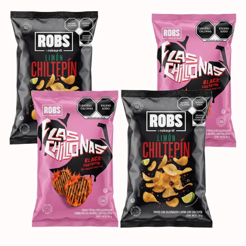 Combo ROBS by Robegrill gồm 2 gói Chillonas 50 g và 2 gói khoai tây chiên vị chanh Limón Chiltepín 50 g; tổng 4 gói 50 g (200 g), khoai tây chiên thủ công tự nhiên, không chứa bột ngọt