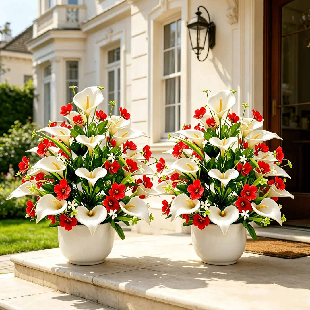 [62 adornos florales de jardín] Arreglo floral artificial prémium con 9 tallos de orquídeas rojas y 1 cala blanca; colección 62 de flores de verano y otoño para interior y exterior: hogar, hotel, jardín, bodas y vacaciones