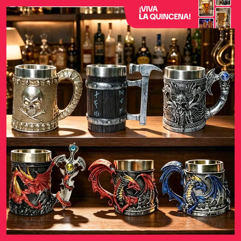 Viking and Dragon Decorative Beer Mugs, 550 ml, 304 Stainless Steel Interior and Premium Resin Exterior