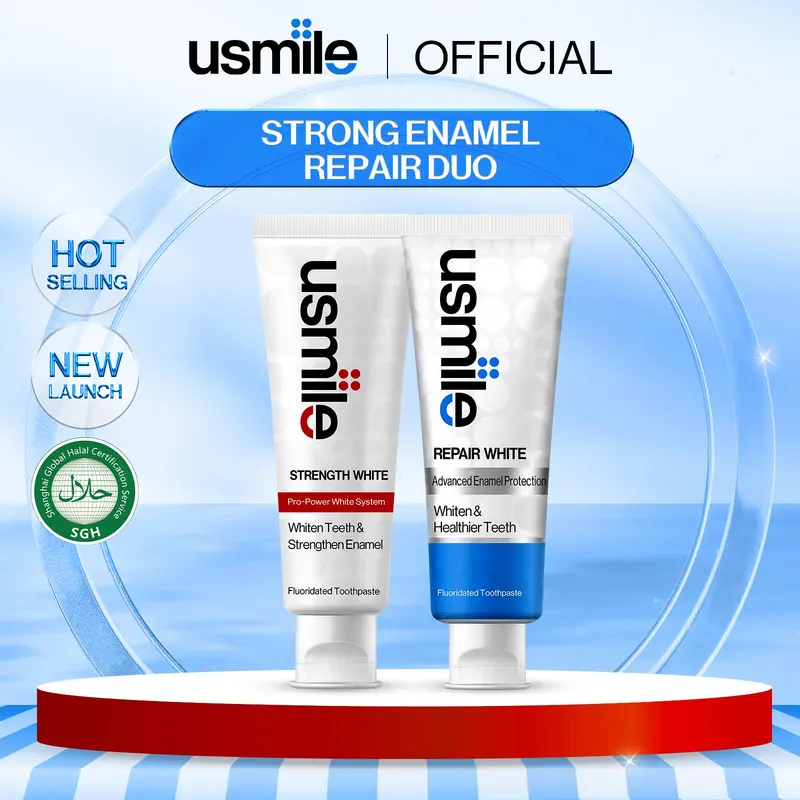 [Enamel Repair Duo] usmile Strength White Toothpaste (90g)+Repair White Toothpaste(100g) - ubat gigi | Teeth Whitening | Anti-Cavity | Removes Coffee&Tea stains | Strengthens Enamel | Peroxide-Free | Fresh Breath | Acohol-free | COD | NRPA