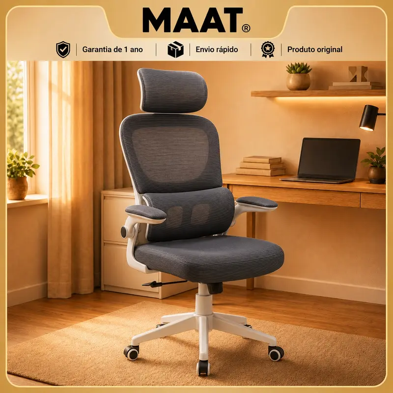 Cadeira de Escritório Suporte Lombar Ergonômico Malha Respirável Mesh Apoio Cabeça Confortável Art Cadeiras Presidente Premium (Cinza e Branco)