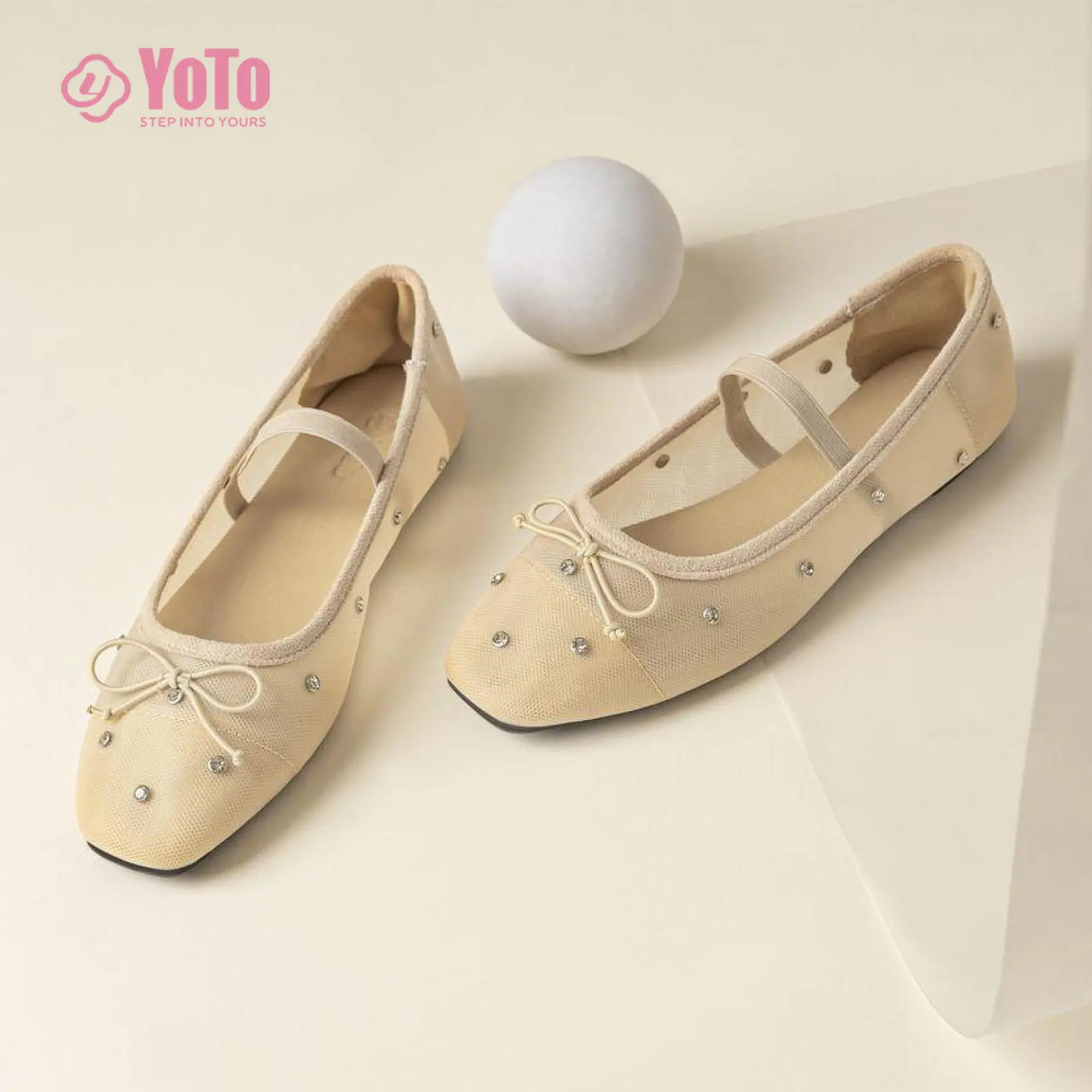 【Size 36-41】YOTO Crystal Mesh Mary Jane Shoes for Women Bowknot Soft Sole Ballet Flats Breathable Versatile Casual Shoes
