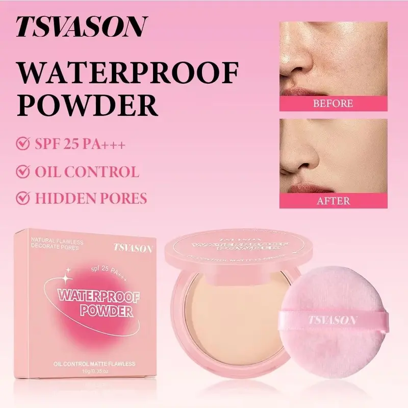 Bedak Padat TSVASON Pink Kemasan Baru SPF 25 PA+++, Waterproof, Oil Control, Hasil Matte dan Flawless