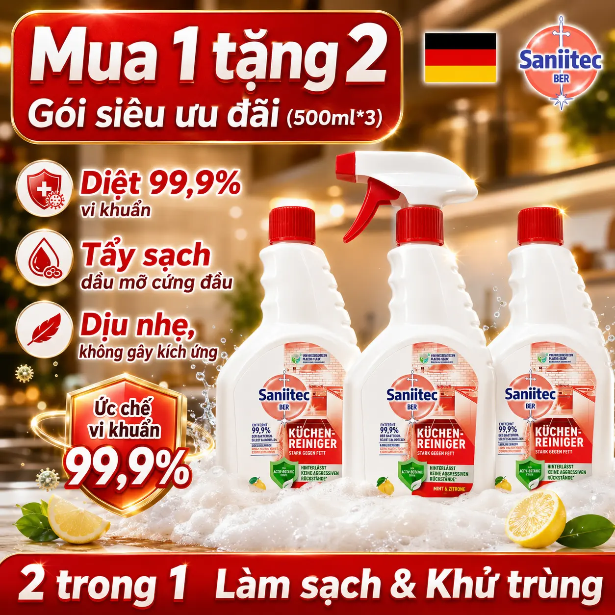 Saniitec Kitchen Cleaner Combo, 3 Bottles × 500 ml with 1 Spray Head, Grease Remover and Deodorizer, German Technology