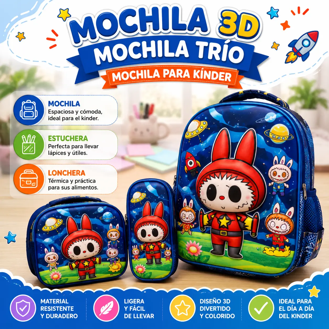 Kit infantil 3 em 1 para pré-escola com mochila, estojo e lancheira térmica