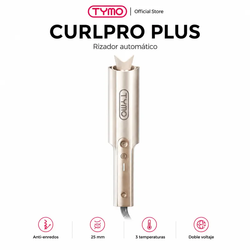 TYMO CURLPRO PLUS, boucleur automatique 25 mm pour cheveux longs, courts, fins et épais, cylindre allongé anti-emmêlement, 3 températures, ions négatifs T-GLOSS, double tension 100-240 V, ondulations et boucles longue tenue, garantie 1 an avec échange gratuit en cas de défaut du produit