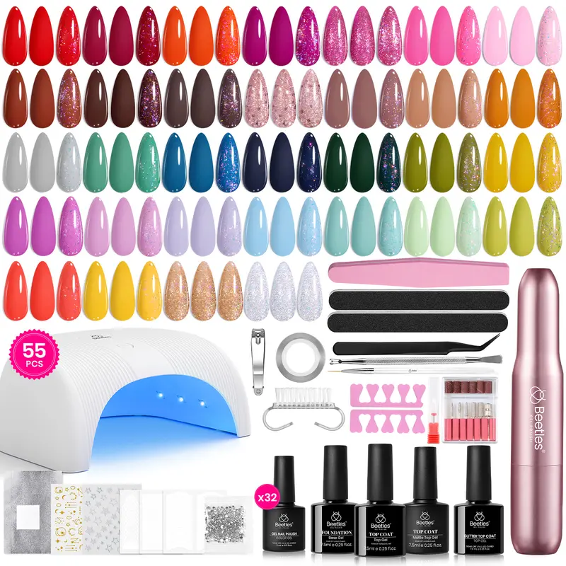 Beetles Gel-Nagellack-Set mit UV-Lampe, 55 Teile, 32 Farben Four Seasons Glow, kabellose elektrische Nagelfräse, Base Coat, matter und glänzender Top Coat, Soak-off für Maniküre zu Hause und im Studio, exklusiv für TikTok Shop