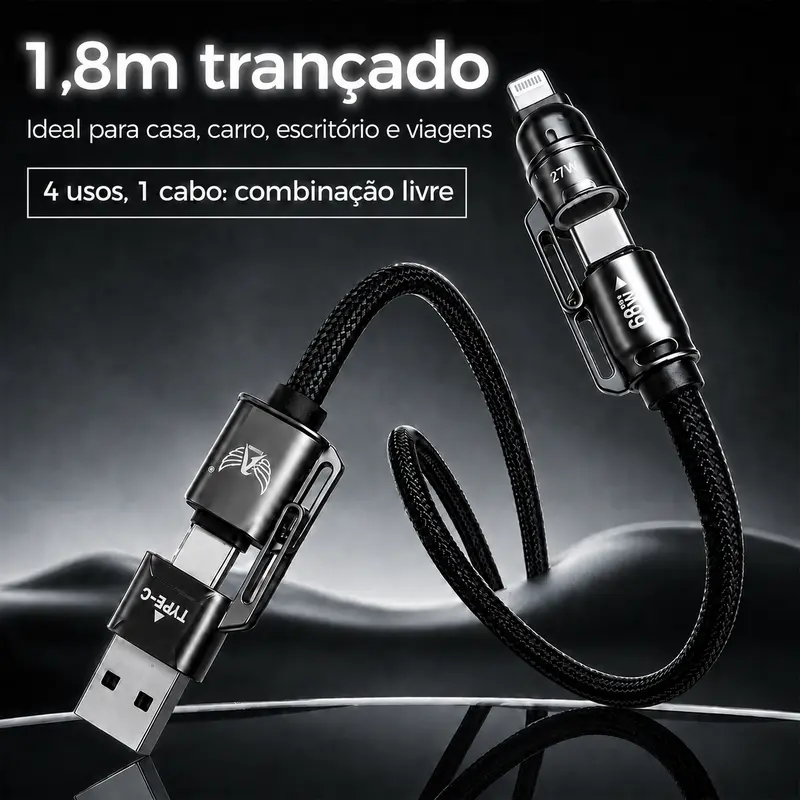 ALTOMEX Cabo de Carregamento Rápido 4 em 1 USB-A USB-C Lightning com Adaptador Duplo, Até 65W/27W, Compatível com iPhone Android Tablet Fone e Power Bank