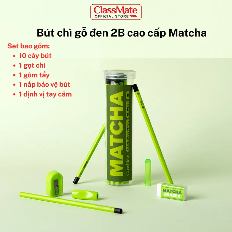 Hộp 10/20 Bút Chì 2B Matcha ClassMate Kèm Gọt Chì, Gôm Tẩy, Ngòi Cứng Không Dễ Gãy, Chì Lên Đậm Chuẩn 2B, Thân Gỗ Đen Dễ Gọt