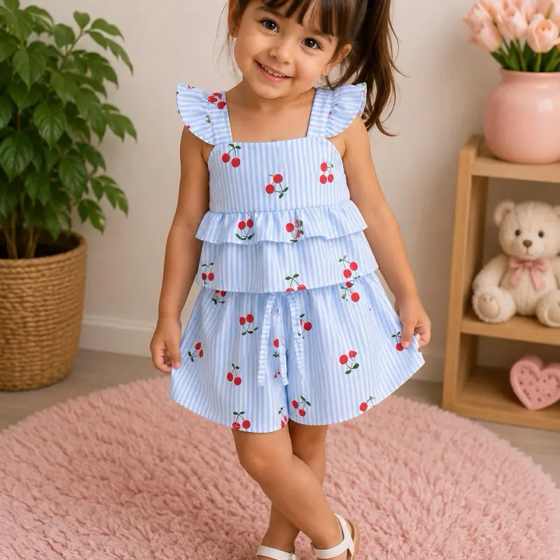 Conjunto Crepinho com Estampa de Corações e Listras Coloridas para Meninas