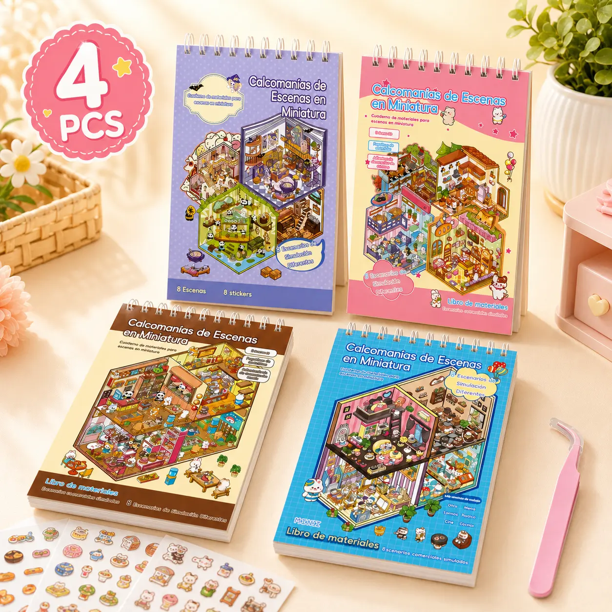4 Libros de Pegatinas 3D para Niños, Escenas Miniatura DIY con Más de 30 Diseños Creativos, Herramienta Incluida, Manualidad Infantil sin Pantalla