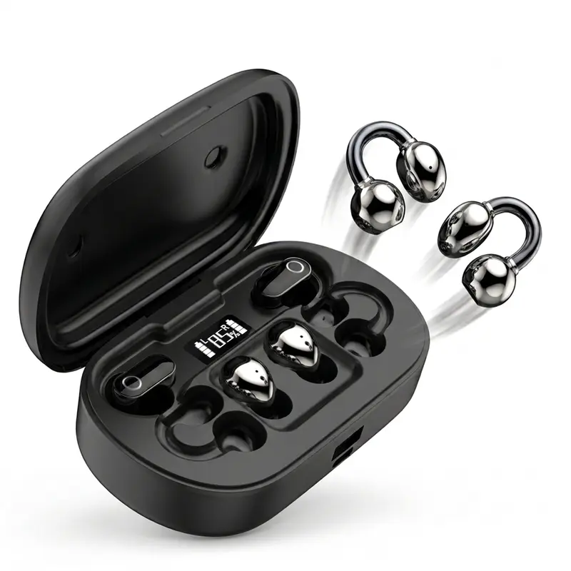 귀를 막지 않는 Bluetooth 6.0 완전 무선 이어폰, 이중 노이즈 캔슬링·3D 고음질·AI 통화 소음 감소, 스포츠·러닝·출퇴근용, iPhone·Android 호환, AirPods 케이스 프로 사양 가젯