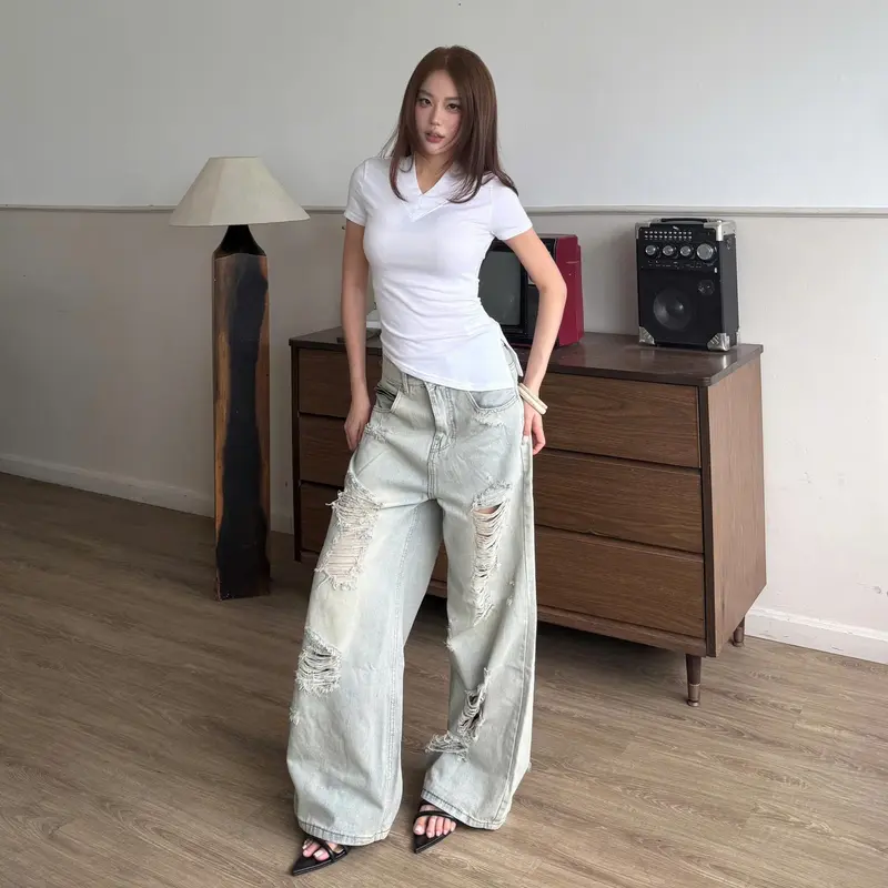 ASH GREY LOOOSE PLEAT JEANS - Quần Jeans Wash Rách Ống Rộng Local Brand Unisex MS 3102