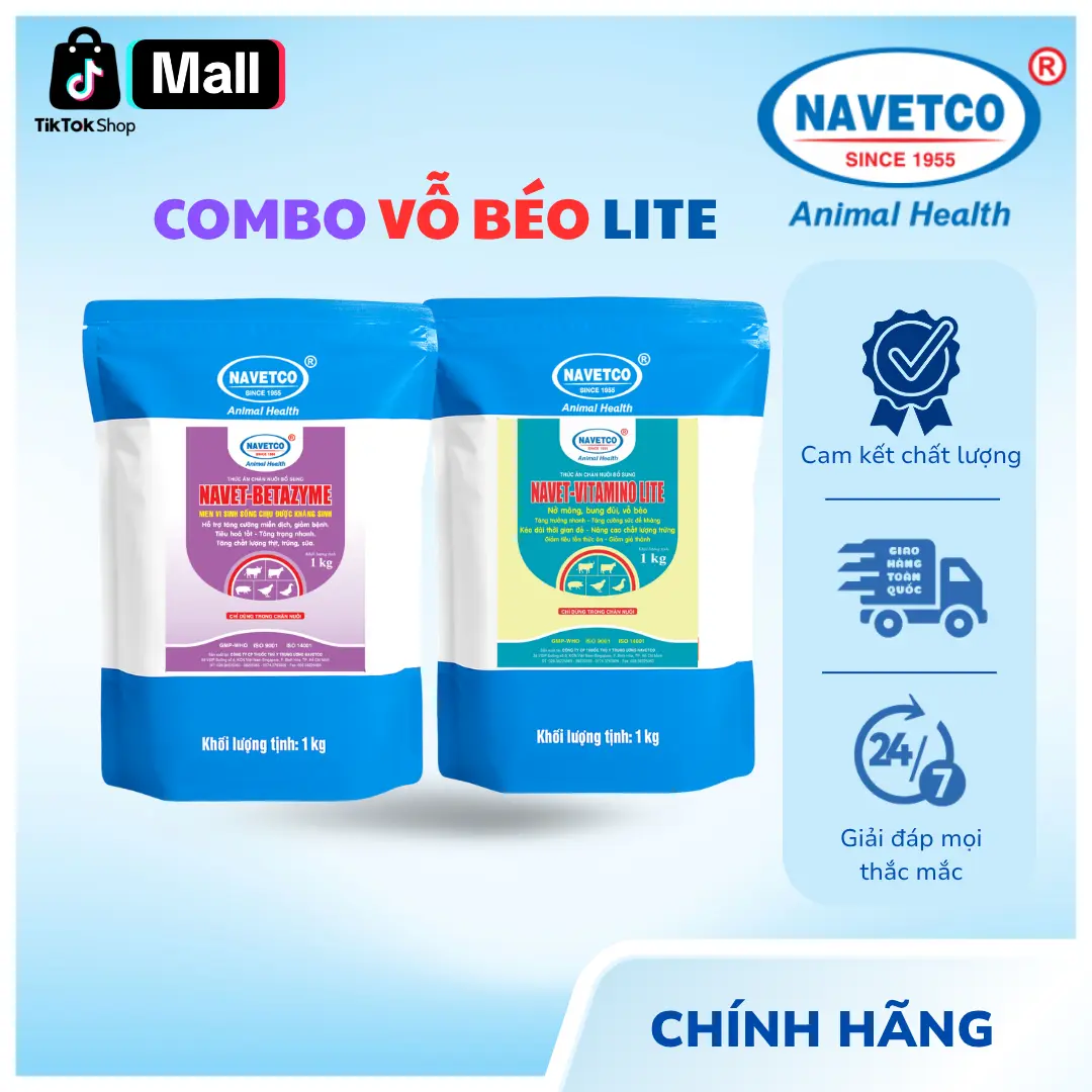 COMBO VỖ BÉO LITE _ Navet BETAZYME + Vitamino LITE : bổ sung beta-glucan, men vi sinh, lợi khuẩn + vitamin, axit amin giúp tăng trọng nhanh giảm tiêu tốn thức ăn gia súc, gia cầm