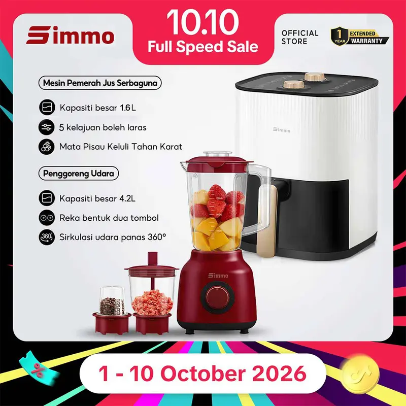 SIMMO Blender 3 in 1 Fruit Juicer 1.6L 304 Stainless Steel Blades Juicer Food Processor Chopper Grain Grinder Mixer+ Air Fryer Oil Free Fryer 4.2L 1200W Dual Knob Control Non Stick Coating Multifunctional Electric Oven