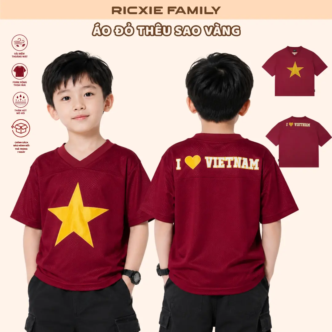 T-shirt rouge RICXIE KID & FAMILY avec étoile jaune brodée – haut en maille patriotique pour enfant