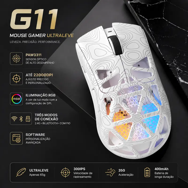 G11 PAW311 Wireless RGB Gaming Mouse, 22000 DPI, 1000Hz, Rapid Trigger, Programmable Buttons, Low Latency, for PC, Mac and Windows