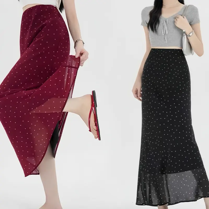 Skirt duyung wanita gaya Korea berpinggang tinggi bercorak polka dot, panjang, berlapis dalam, diperbuat daripada bahan sifon, ringan dan selesa, sesuai untuk pemakaian harian dan perjalanan