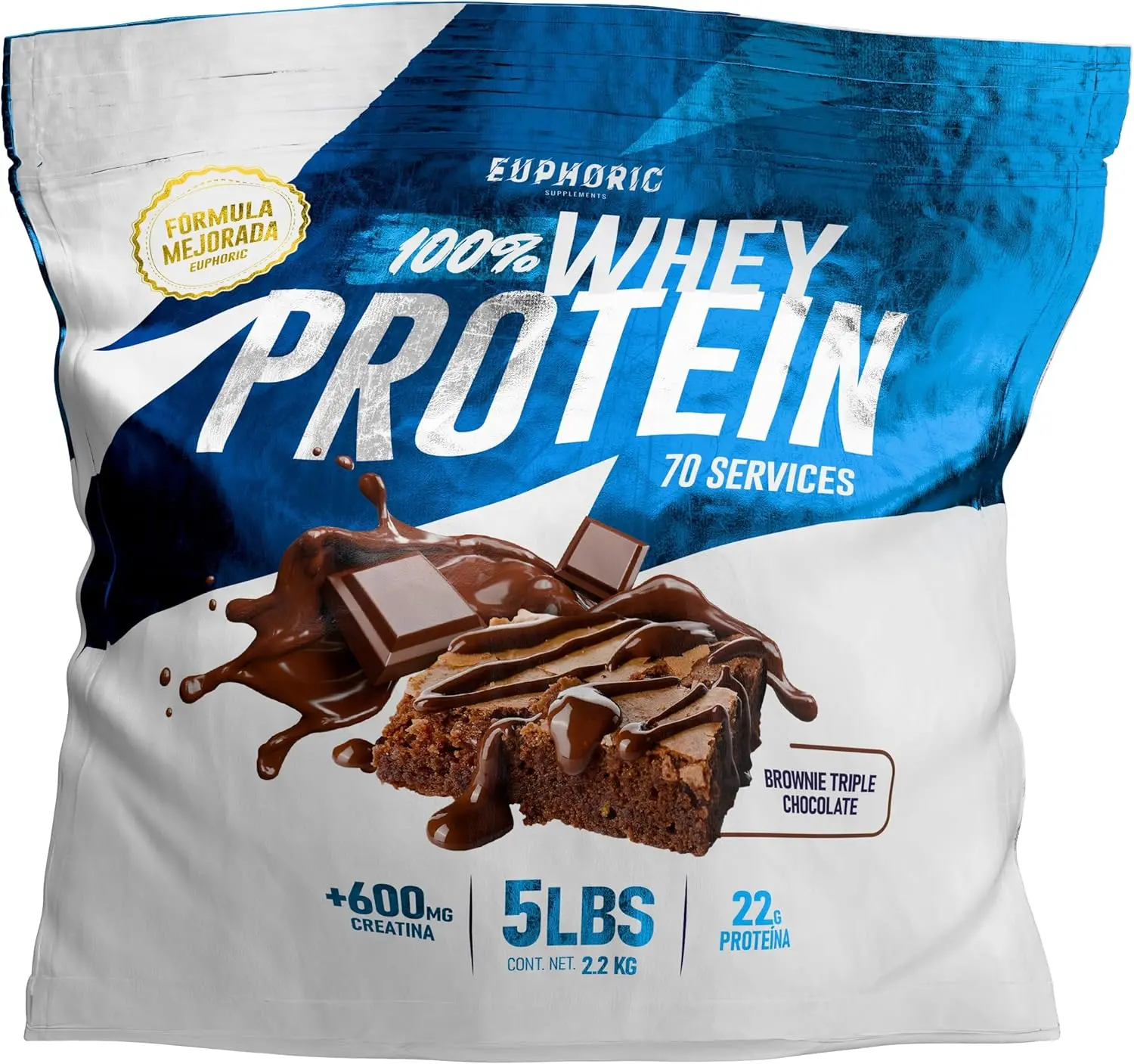 Euphoric 100% Whey Protein en Polvo | 22g Proteína + Creatina Monohidratada + BCAAs por Porción | 70 Servicios | Sin Azúcares Añadidos | 5LBS 2.27kg (Brownie Triple Choco, Galleta, Helado de vanilla)) Proteina
