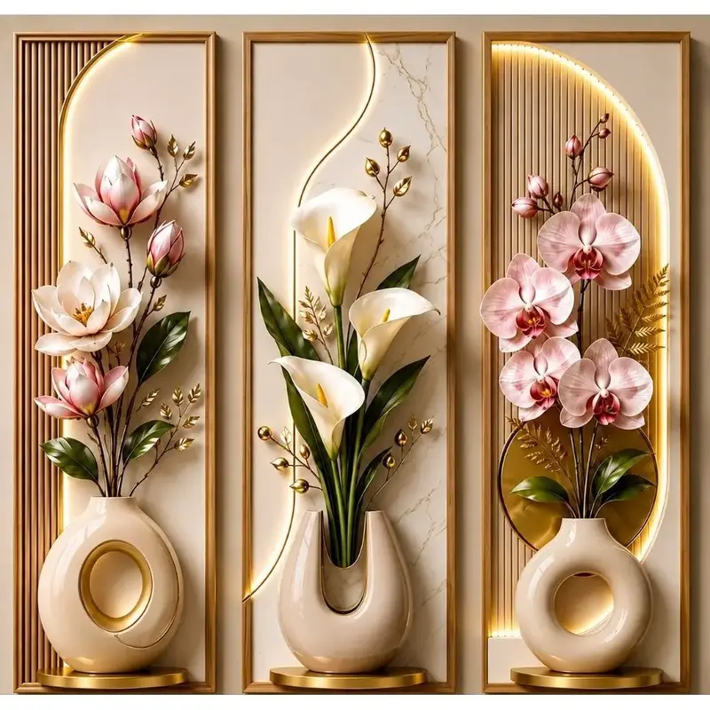 Set of 3 Customizable 3D Floral Wall Decorations, Minimalist, Waterproof and Easy to Install