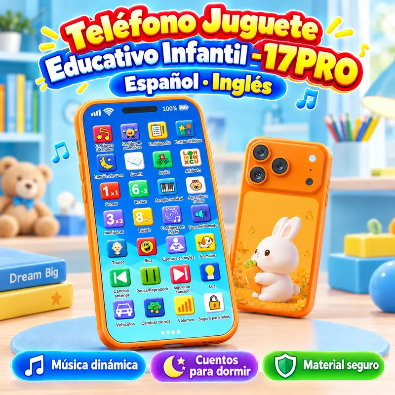 17 Pro Bilingual Educational Toy Phone for Kids Ages 1–6, Spanish and English, Voice Changer, Lights, Lullabies, Stories and Animal Sounds, Rechargeable and Drop-Resistant