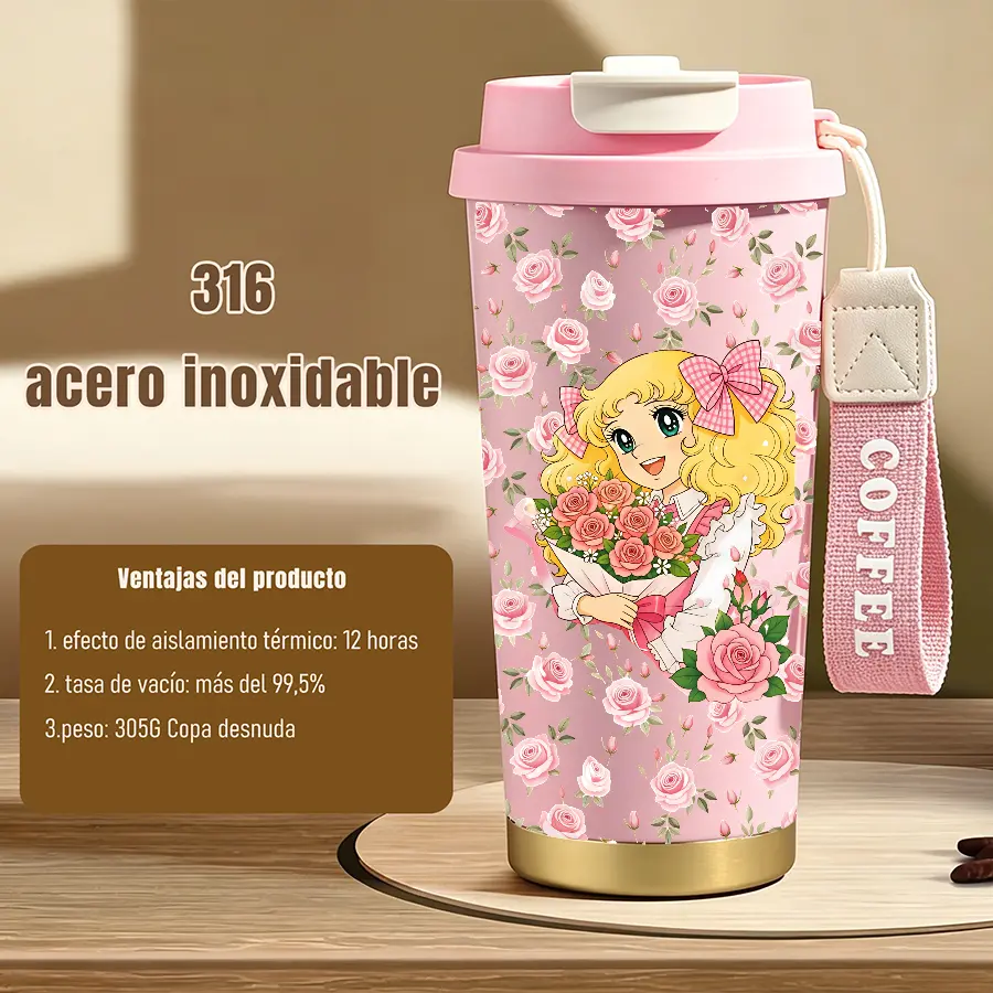 Termo Candy Candy Flores Rosas  Taza de café viajera de acero inoxidable 304, 500 ml, diseño hermético, apta para bebidas calientes y frías, con tapas de doble sellado, capaz de mantener una temperatura baja durante largos periodos