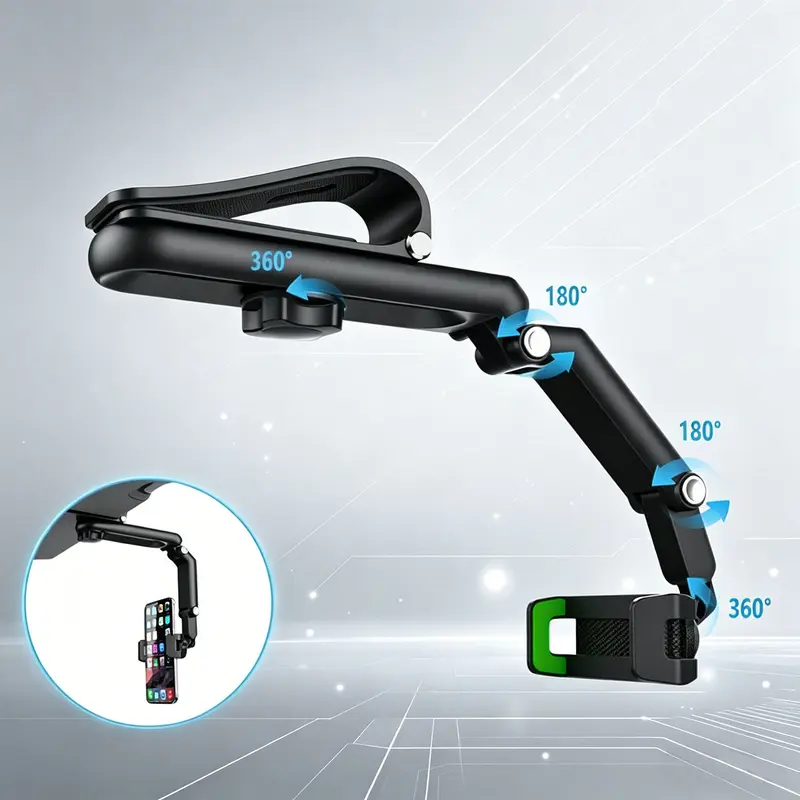 Soporte para Teléfono Multiusos Giratorio 1080° – para Coche, Hogar y Oficina, Ajustable y Retráctil, Compatible con iPhone y Samsung